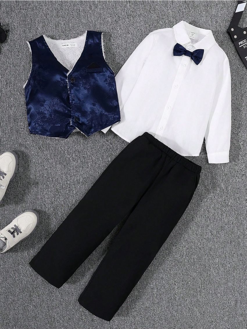 SHEIN Kids FANZEY Young Boy Thermal Lined Button Up Vest Blazer & Pants & Shirt