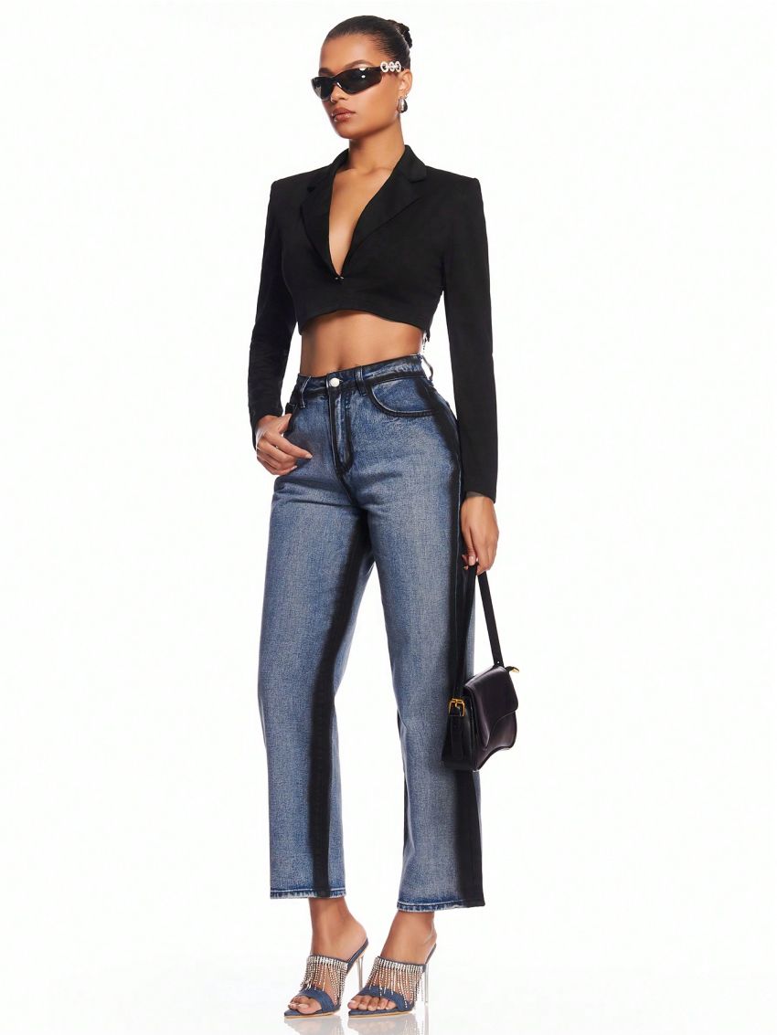 SHEIN BAE Ladies Backless Ornate Diamond Chain Embellished Cropped Blazer