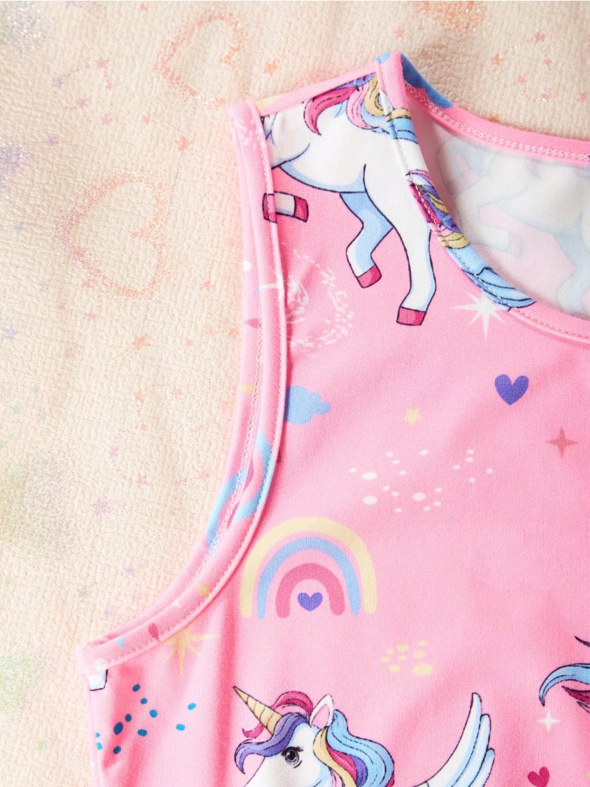 SHEIN Kids EVRYDAY Big Girls Unicorn Rainbow Vest And Trousers Two-Piece Set