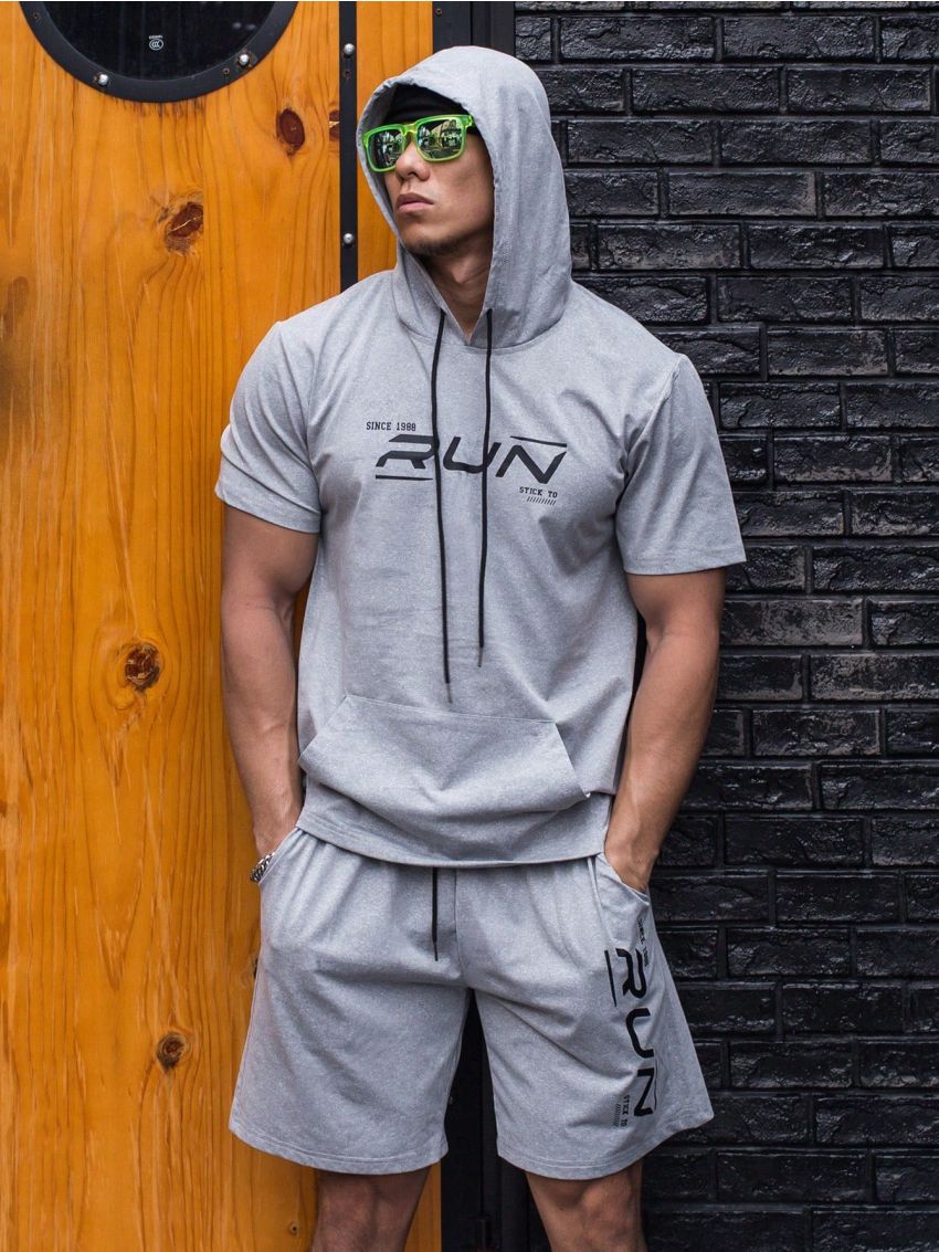 Men Letter Graphic Drawstring Hooded Sports Set