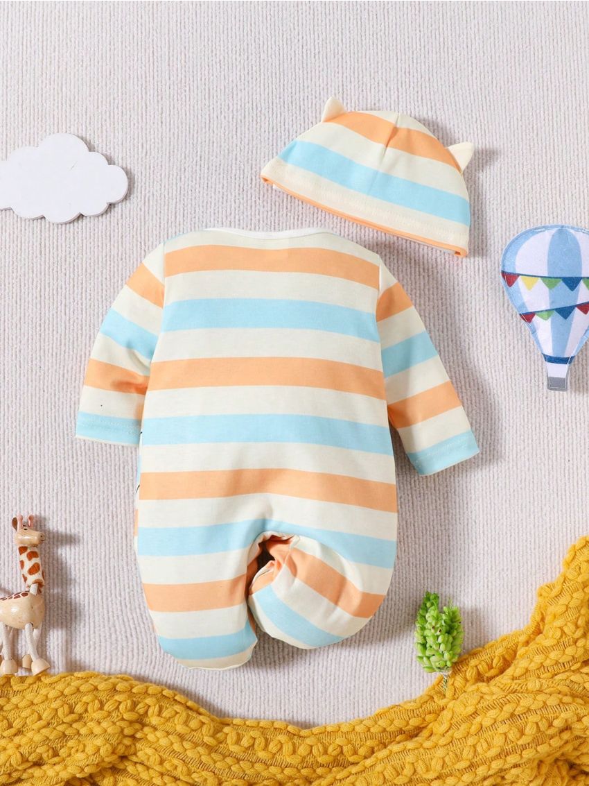 Baby Boy Striped & Cartoon Graphic Button Front Jumpsuit & Hat PJ Set