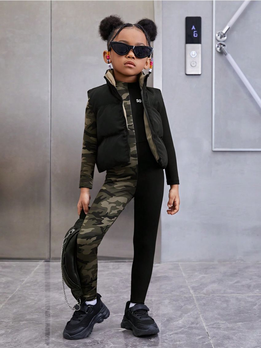 SHEIN Young Girl Camo Print Mock Neck Unitard Jumpsuit