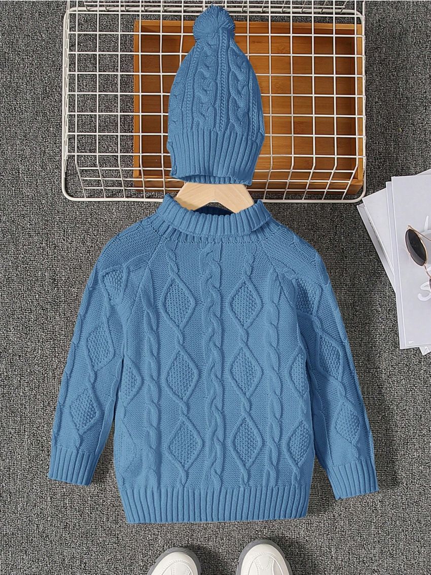 SHEIN Toddler Boys' Long Sleeve Round Neck Sweater With Drop Shoulder + Hat