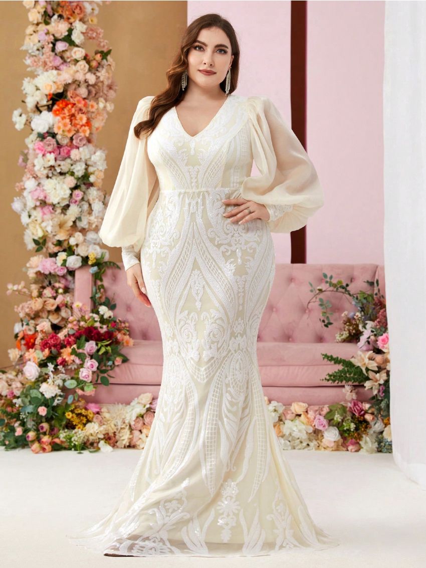SHEIN Belle Plus Size Embroidered Beaded Dress With Bubble Sleeves And Fish Tail Hemline For Evening Party