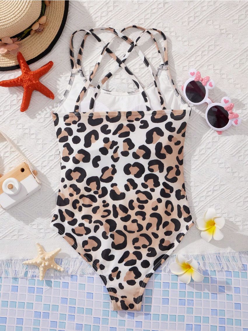 SHEIN Tween Girls' Leopard Print One-Piece Swimsuit With Spaghetti Straps