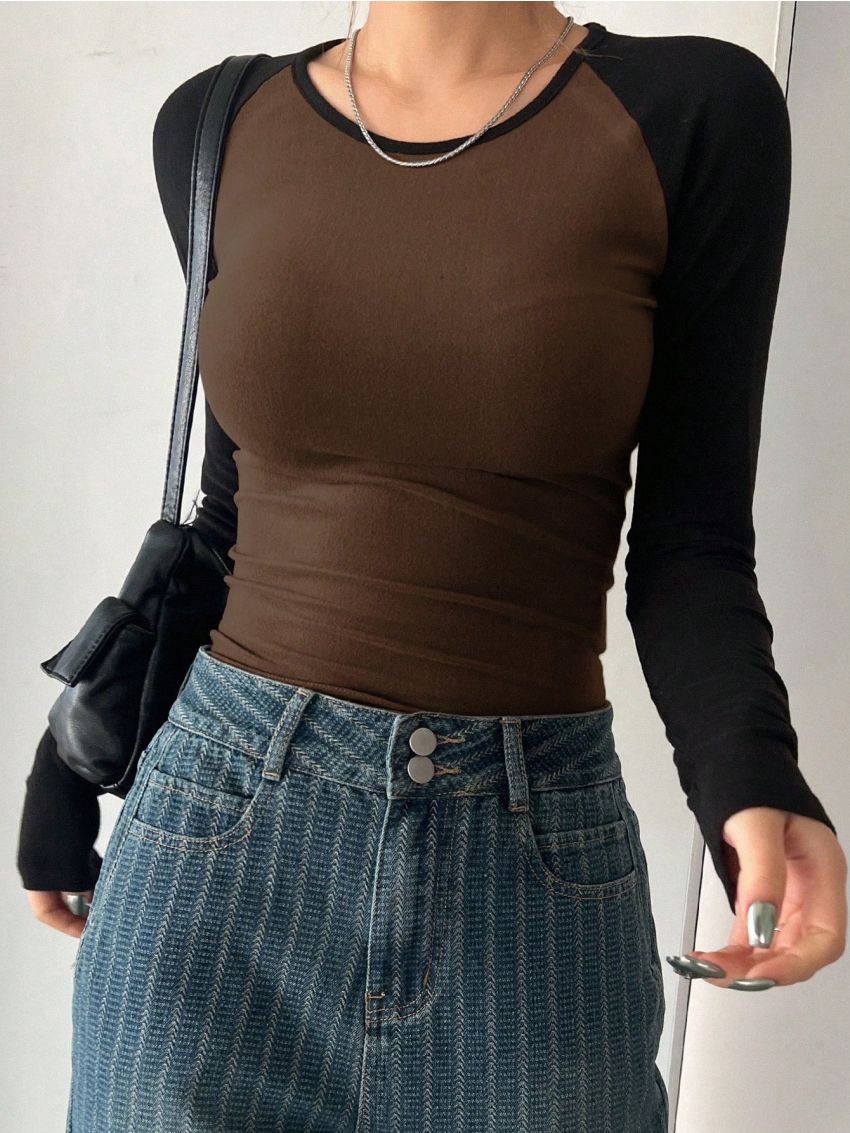 DAZY Color-Blocked Drop-Shoulder Round-Neck Long-Sleeve T-Shirt For Summer