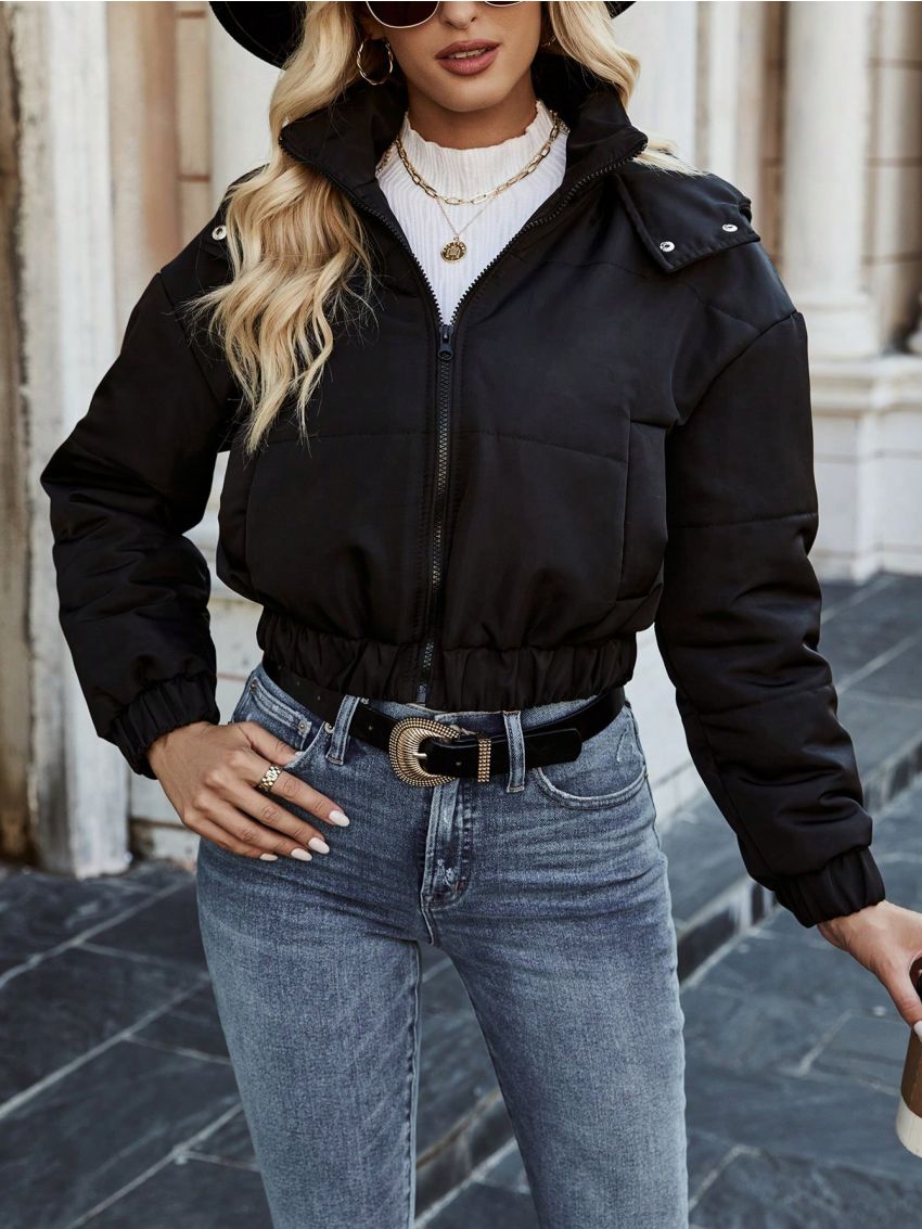 SHEIN Essnce Women'S Solid Color Zipper Front Hooded Padded Coat