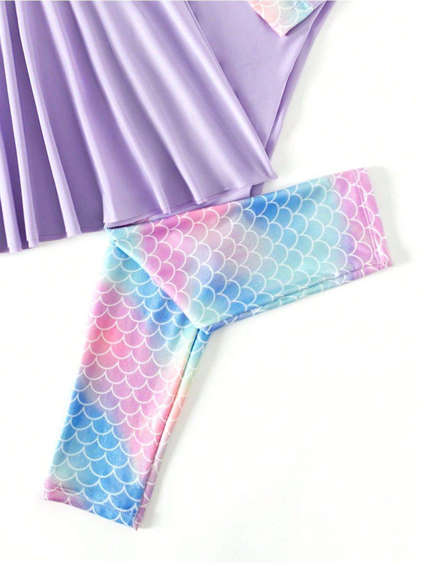 Tween Girls' Mermaid Scale Print Patchwork Swimsuit, 2pcs/Set