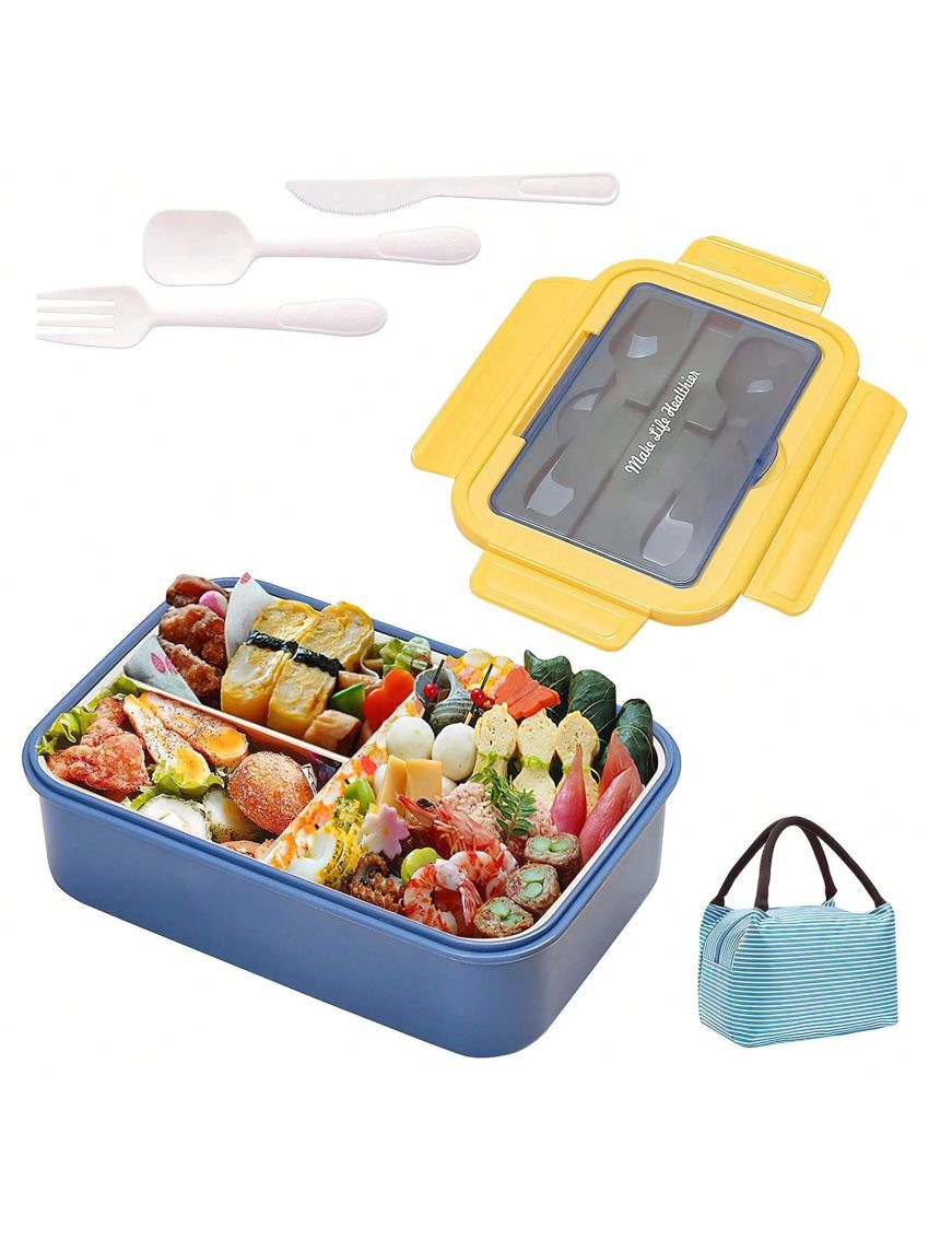 Bento Box for Adult, Lunch Box with 3 Compartments, Cutlery & Set of Knife and Fork, Large Dip Container, Cute Bento Box with Insulation Bag Optional, Phone Holder for Dining