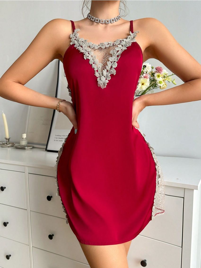 Side Split Lace Patchwork Cami Nightdress