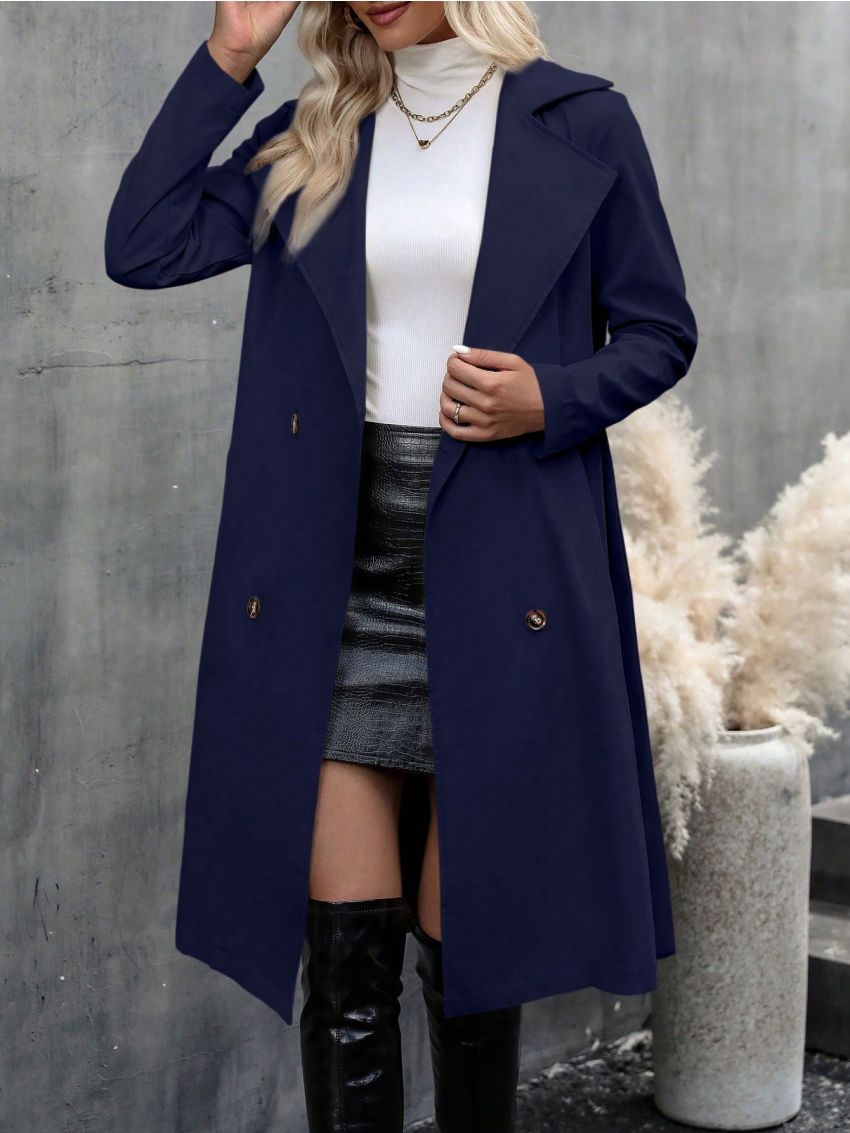Women's Solid Color Double-breasted Belted Trench Coat