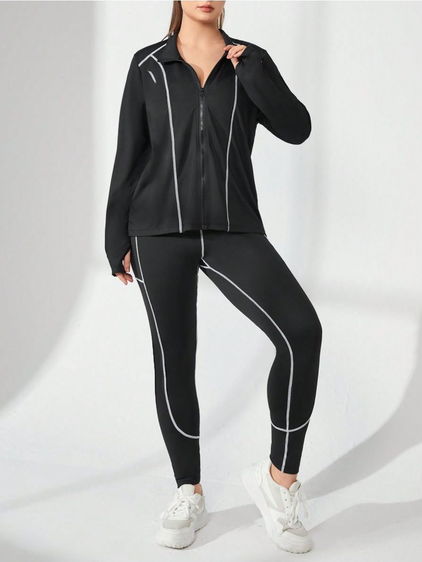 SHEIN Yoga Trendy Plus Size Striped Long Pants & Long Sleeve Top With Thumb Holes And Zipper Set