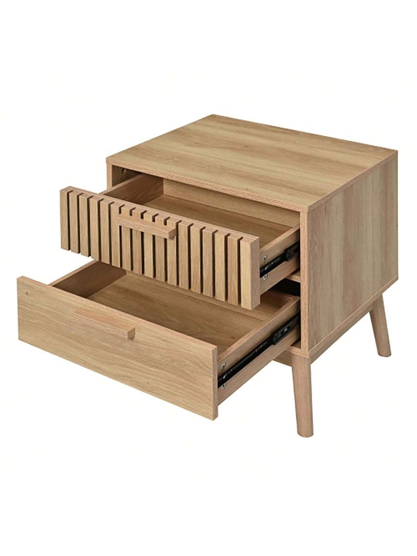 Particle Board 2-Drawer Nightstand with Rubber Wood Legs for Bedroom, Mid Century Modern Nightstand with Classic Desi