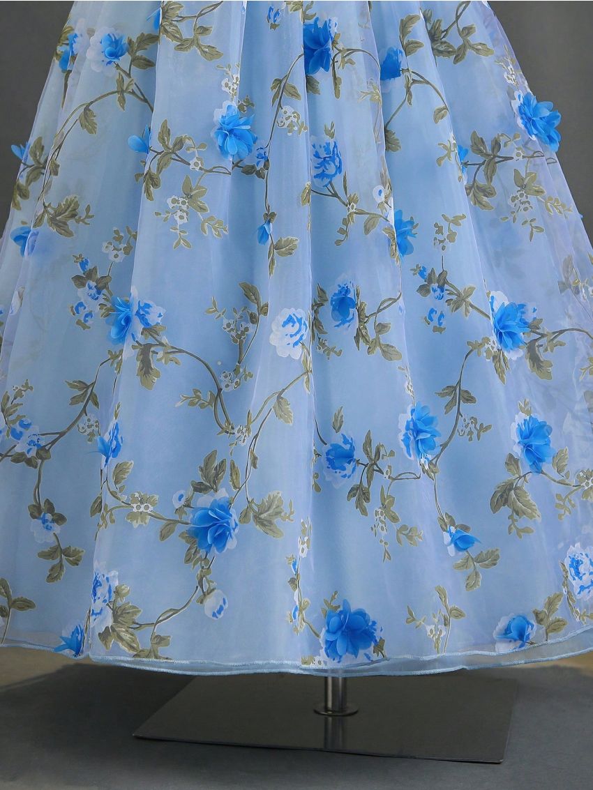 Tween Girls' Dress With Strap, 3d Flower Embellished Tulle Skirt, Ideal For Performance, Wedding, Party, Birthday