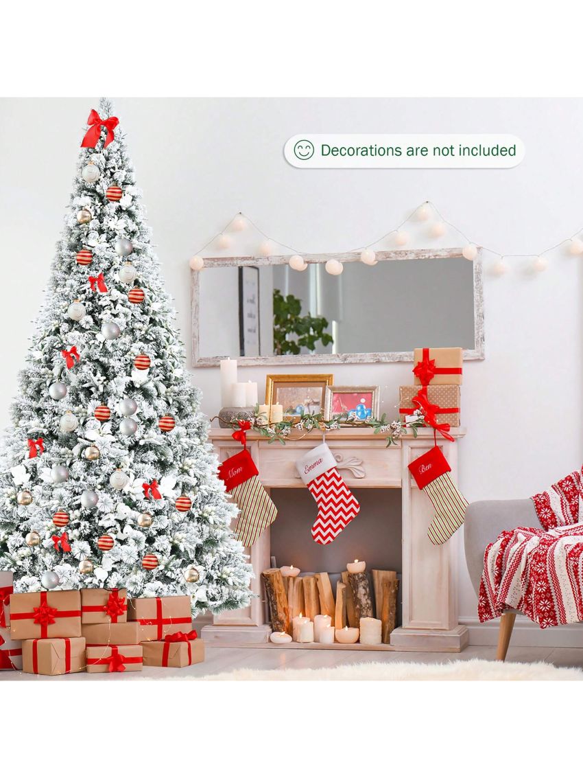 Costway 8ft Snow Flocked Hinged Christmas Tree w/ Berries & Poinsettia Flowers