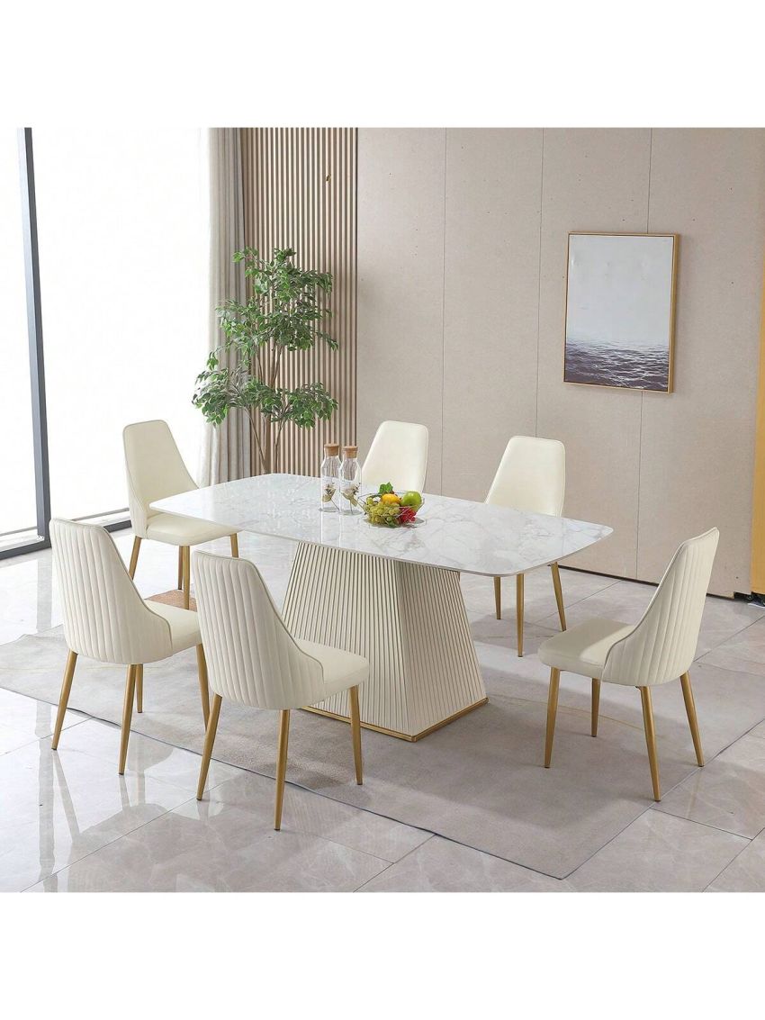 Montary 7 Piece Dining Room Set, Modern Dining Table and Chairs Set, Sintered Stone Dining Table Set for 6, White Marble Dining Table with 6 Orange Chairs for Kitchen, Dining Room