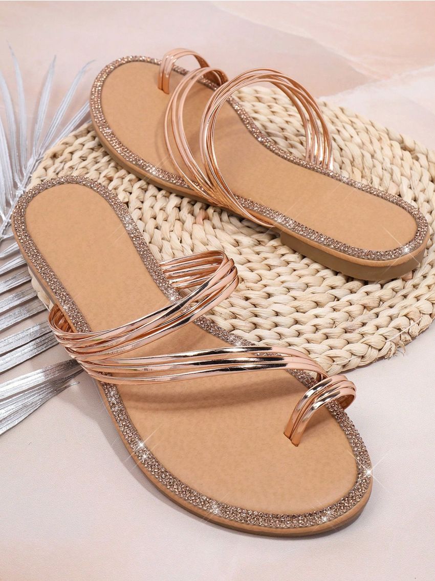 Women'S Flat Sandals With Rhinestone Décor