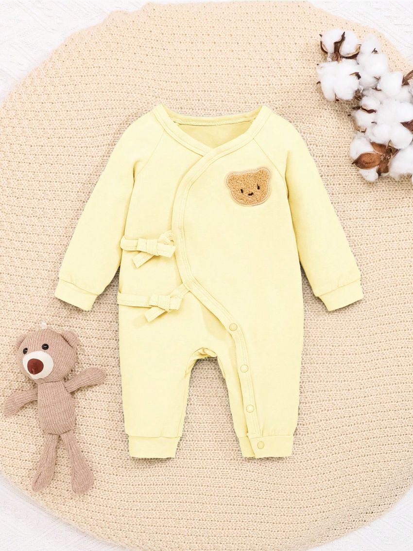 SHEIN Newborn Baby Girls' Casual Bear Embroidery Tie Front Footed Romper For Home Wear