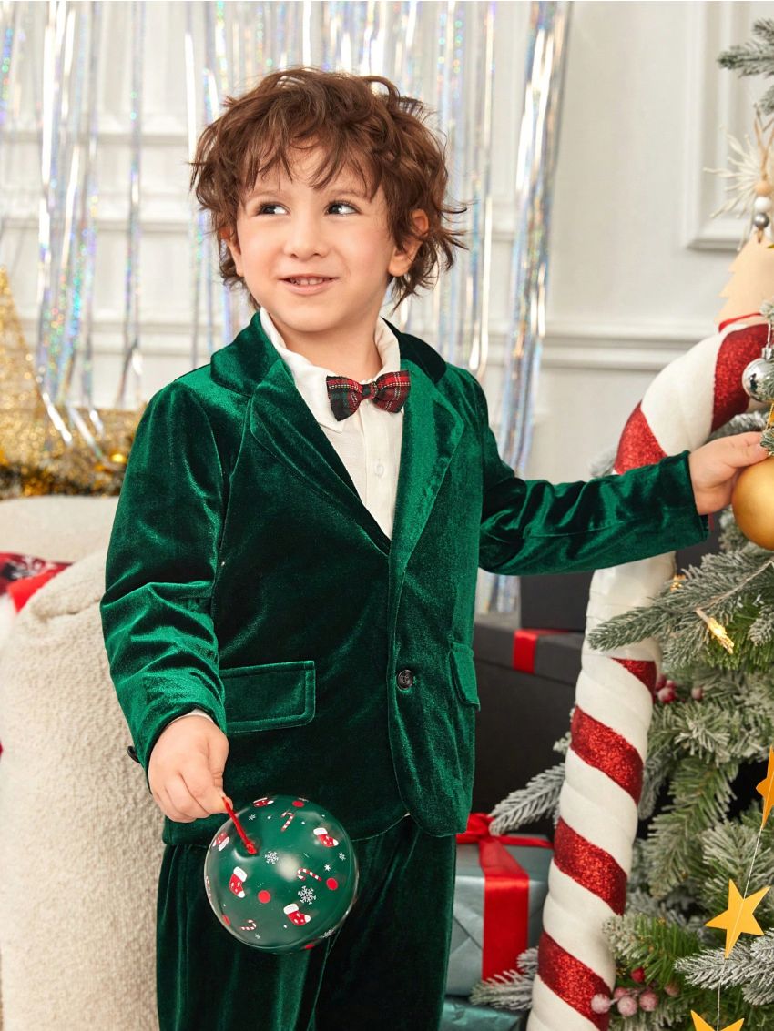 SHEIN Young Boy Single Breasted Velvet Blazer & Pants & Bow Tie Shirt