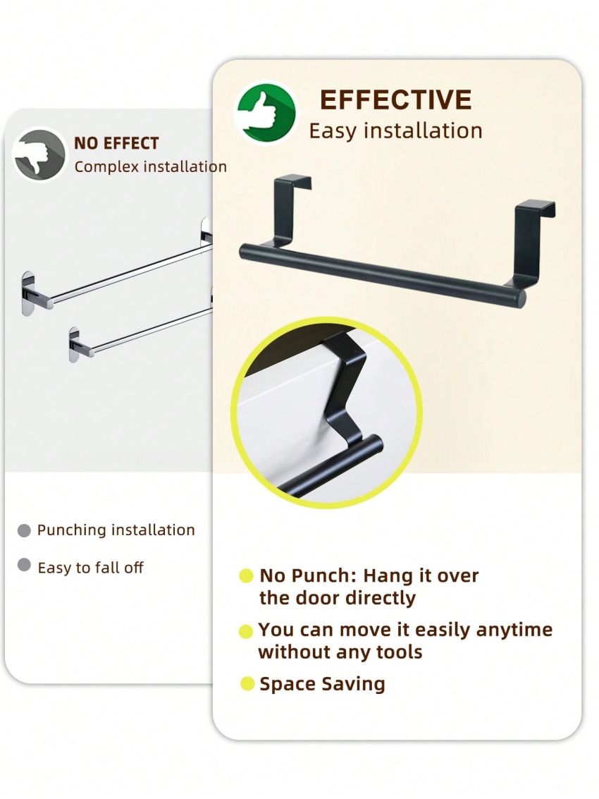 SHEIN Basic living 1PC Black Single Rod Towel Rack Cabinet Door Back Type Hanging Rack Non-punched Towel Rod