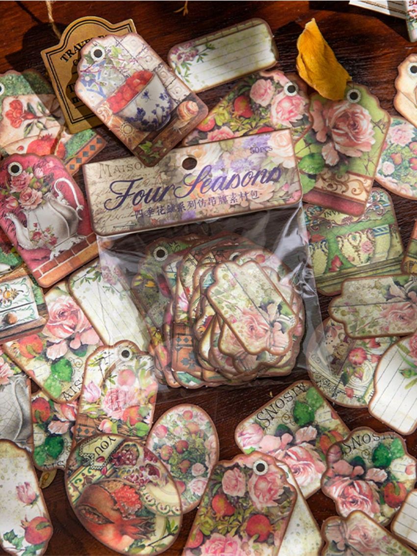 Random Design #flower Shop Vintage Botanical Floral Collage Shaped Hang Tag Decorative Stickers For Journal Planners