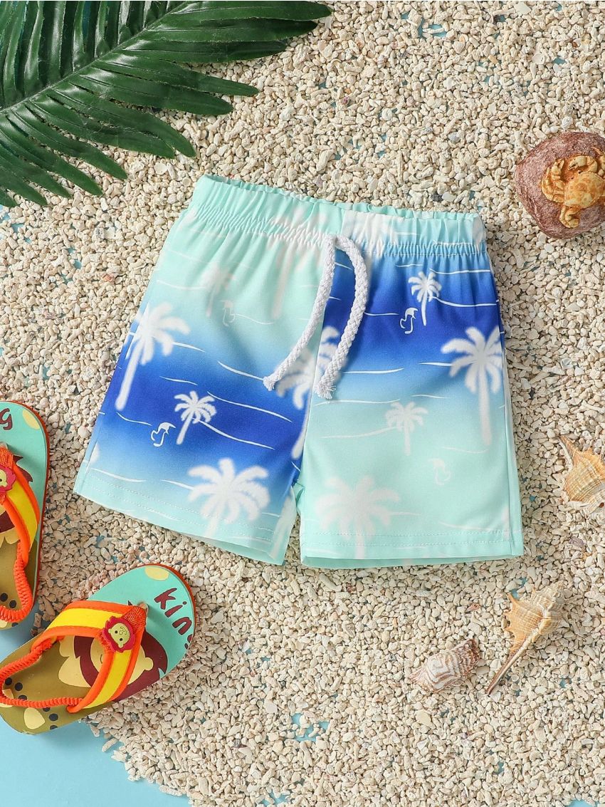 SHEIN Vacation Style Baby Boy's Cute, Casual, Loose Fit, Minimalist Coconut Trees & Ocean Waves Printed Beach Shorts For Summer