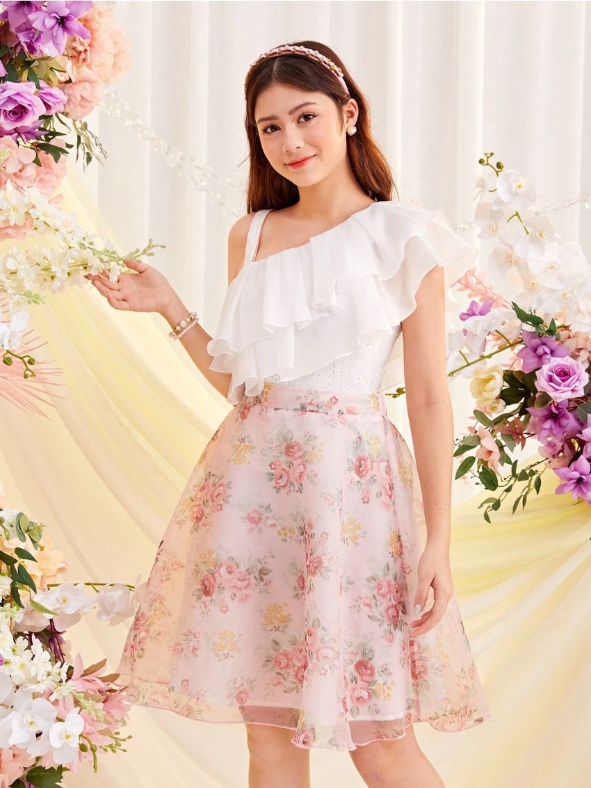 SHEIN Oblique Shoulder Layered Ruffle T-Shirt With Floral Printed Organza Skirt Set