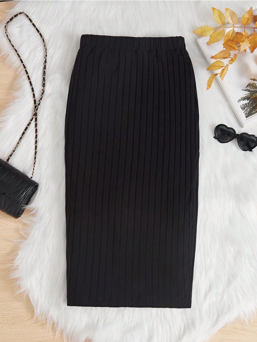 SHEIN Female Teenagers' Knitted Letters Woven Label Slit Skirt