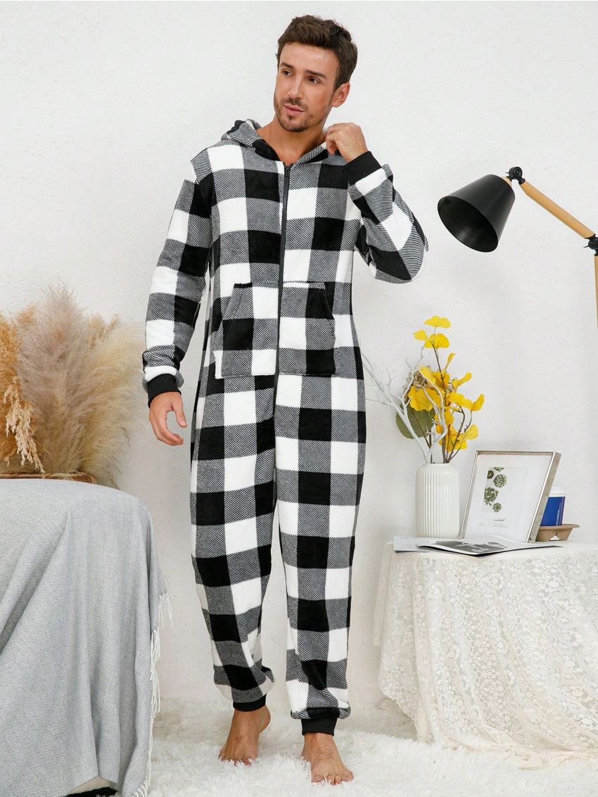 Men Buffalo Plaid Print Hooded Flannel Sleep Onesie