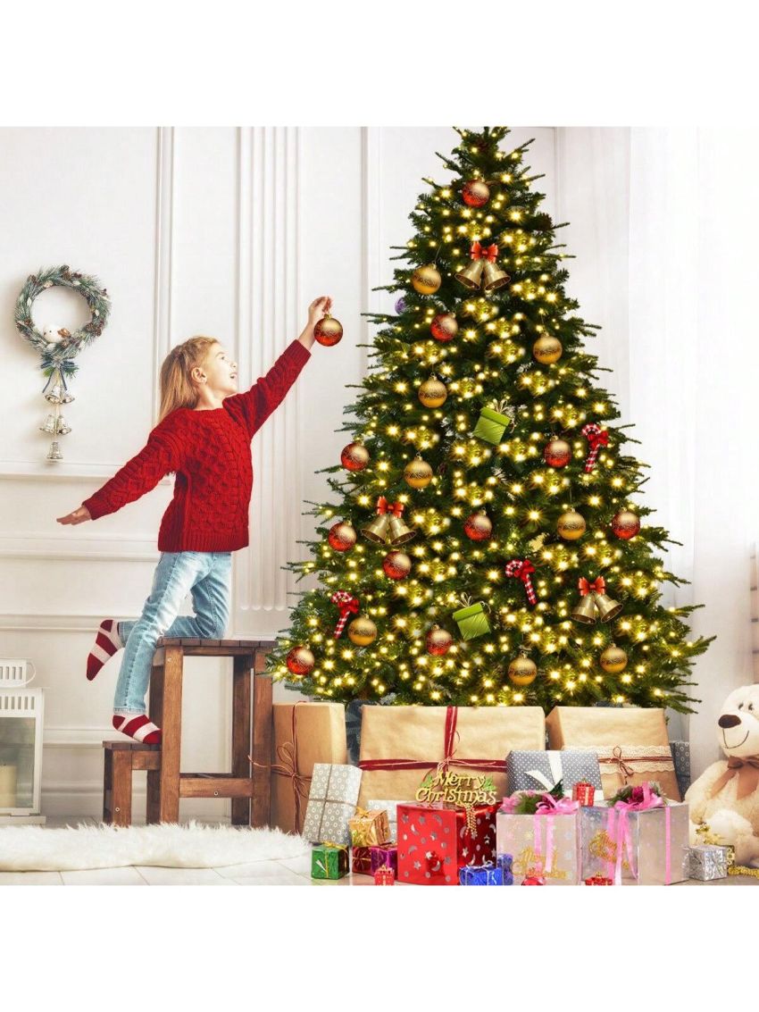 Gymax 7.5' Artificial Pre-Lit Christmas Tree Hinged LED Lights Pine Cones Metal Stand