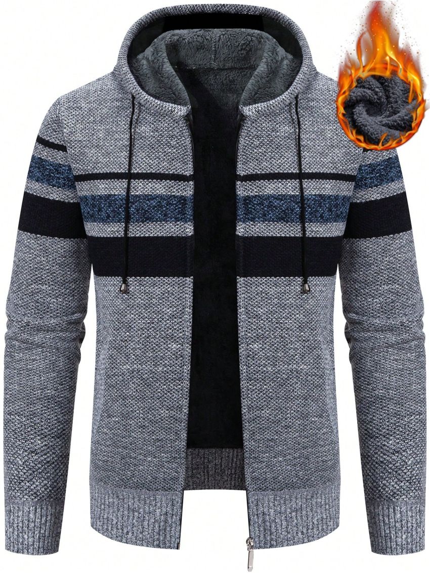 Manfinity Homme Men Striped Pattern Drawstring Hooded Fleece Lined Zipper Cardigan