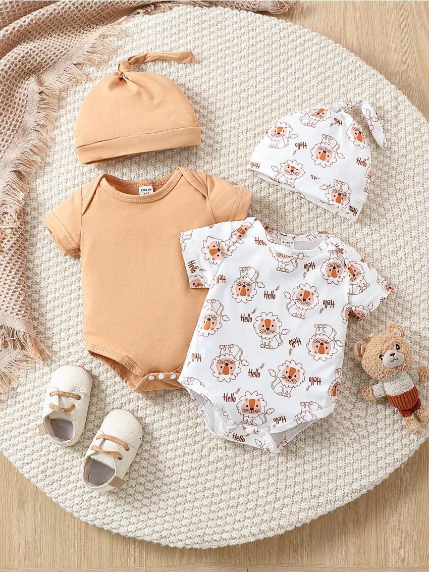 SHEIN 2pcs/Set Baby Boys' Cartoon Lion & Letter Print Short Sleeve Bodysuit With Hat, Comfortable Casual Adorable Simple Style For Spring/Summer