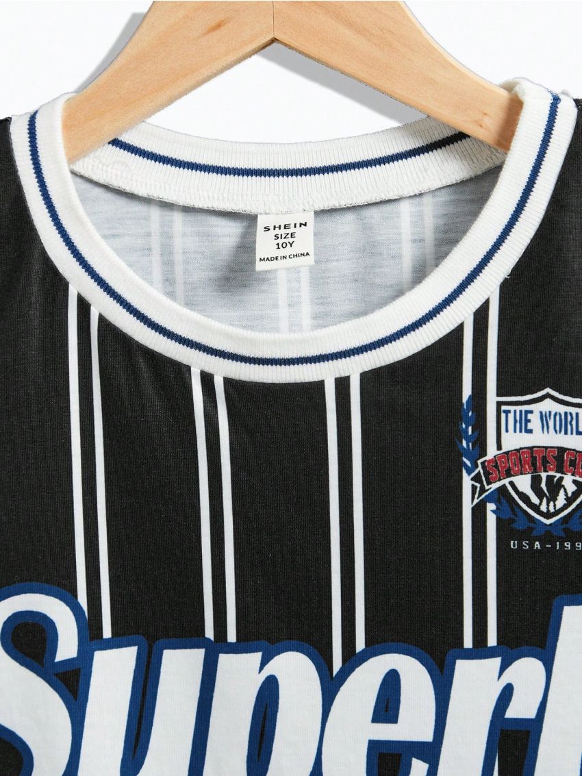 SHEIN Kids SPRTY Tween Boys' Loose Fit Sports Round Neck Knit Vest With Letter & Stripe Pattern