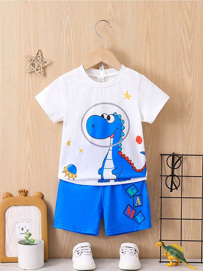 SHEIN 2pcs/Set Infant Boys' Casual Sports Dinosaur Printed T-Shirt And Shorts Suit, Suitable For Going Out