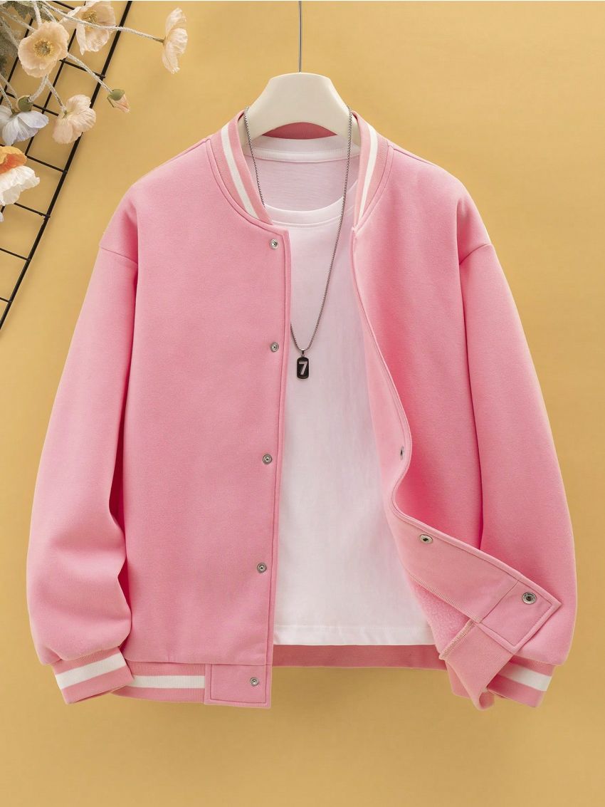 Teenage Girls' Casual Toweling Embroidered Letter Baseball Jacket For Autumn And Winter