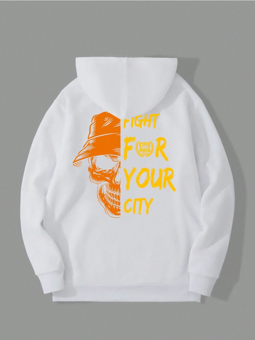 Men Slogan & Skull Print Drop Shoulder Drawstring Hoodie