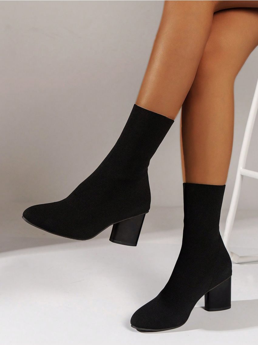 Women's Knit Boots, Christmas 2023 New Mid-calf High-heel Black Fashionable Boots, Women's Autumn Winter Unique Heel Ankle Boots To Look Taller And Slimmer, Women's Short Boots, Black Friday Activity Boots For Women's Holiday Season Style