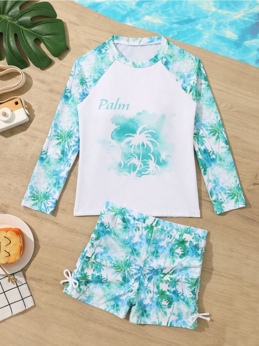 Tween Girls' Tropical Plant Printed Sleeveless Bikini Set