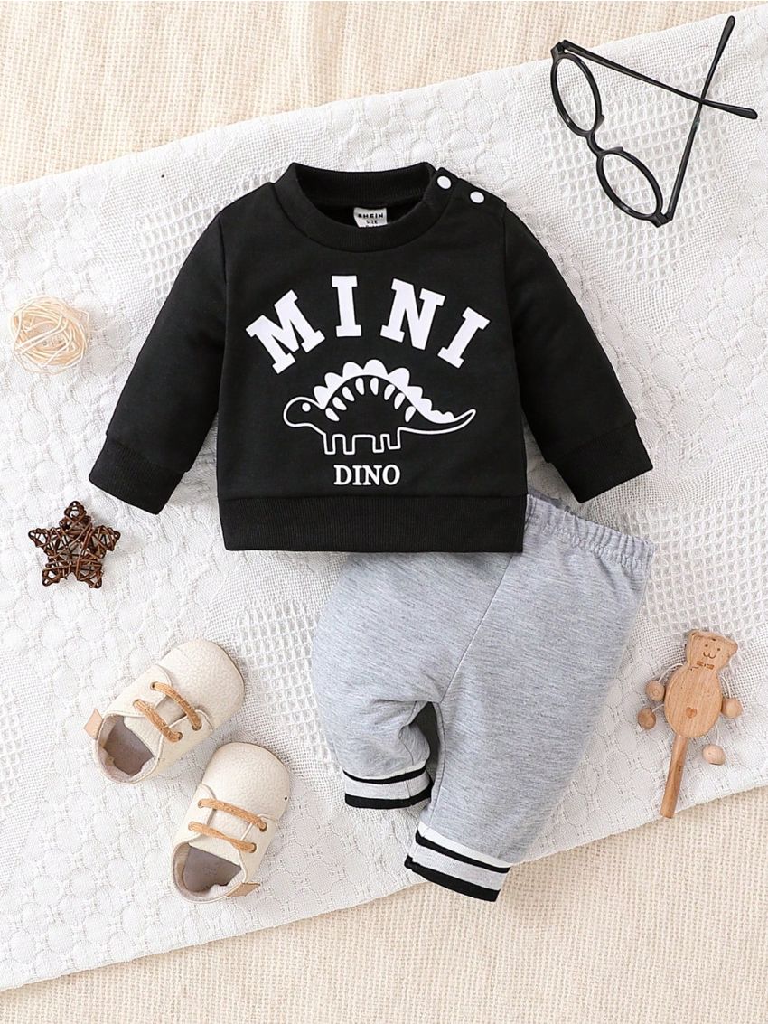 SHEIN Baby Boys' Letter & Dinosaur Printed Sweatshirt And Pants Set, Cute, Comfortable, Suitable For Sports, Streetwear And Outdoors