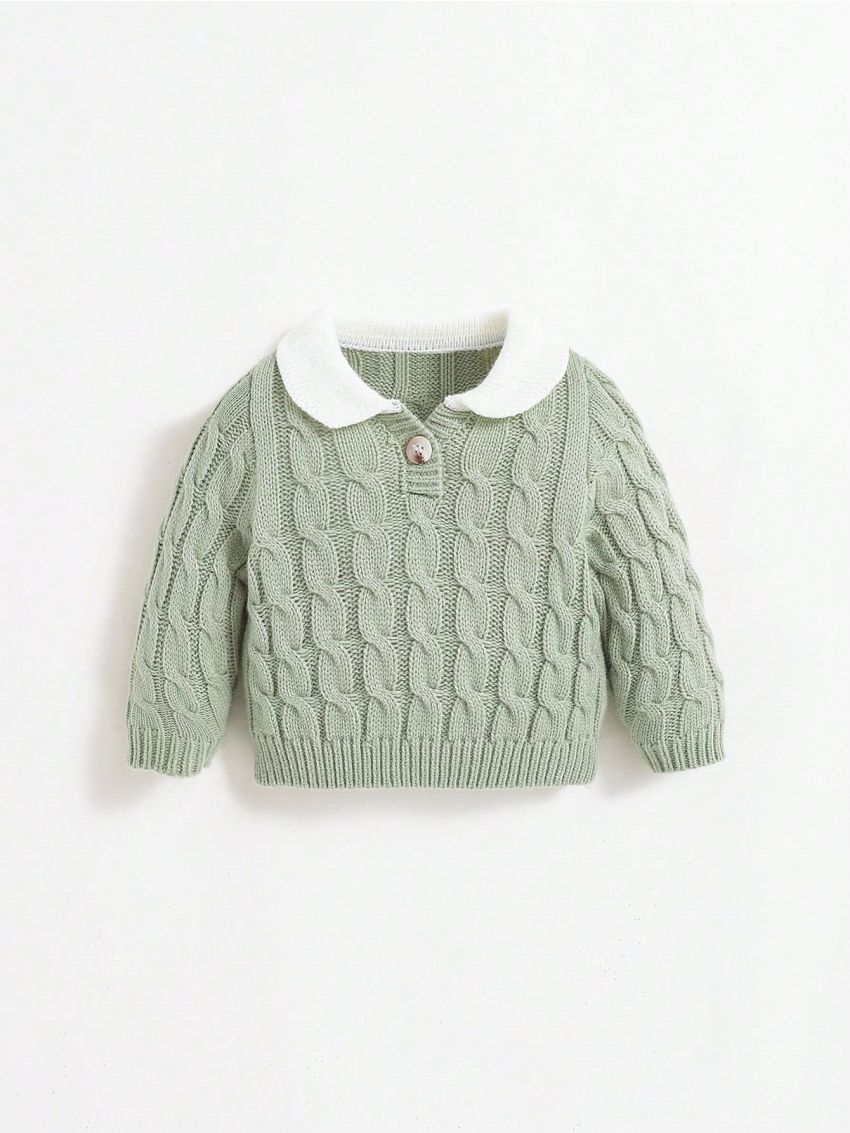 SHEIN Baby Girl Contrast Collar Cable Knit Sweater