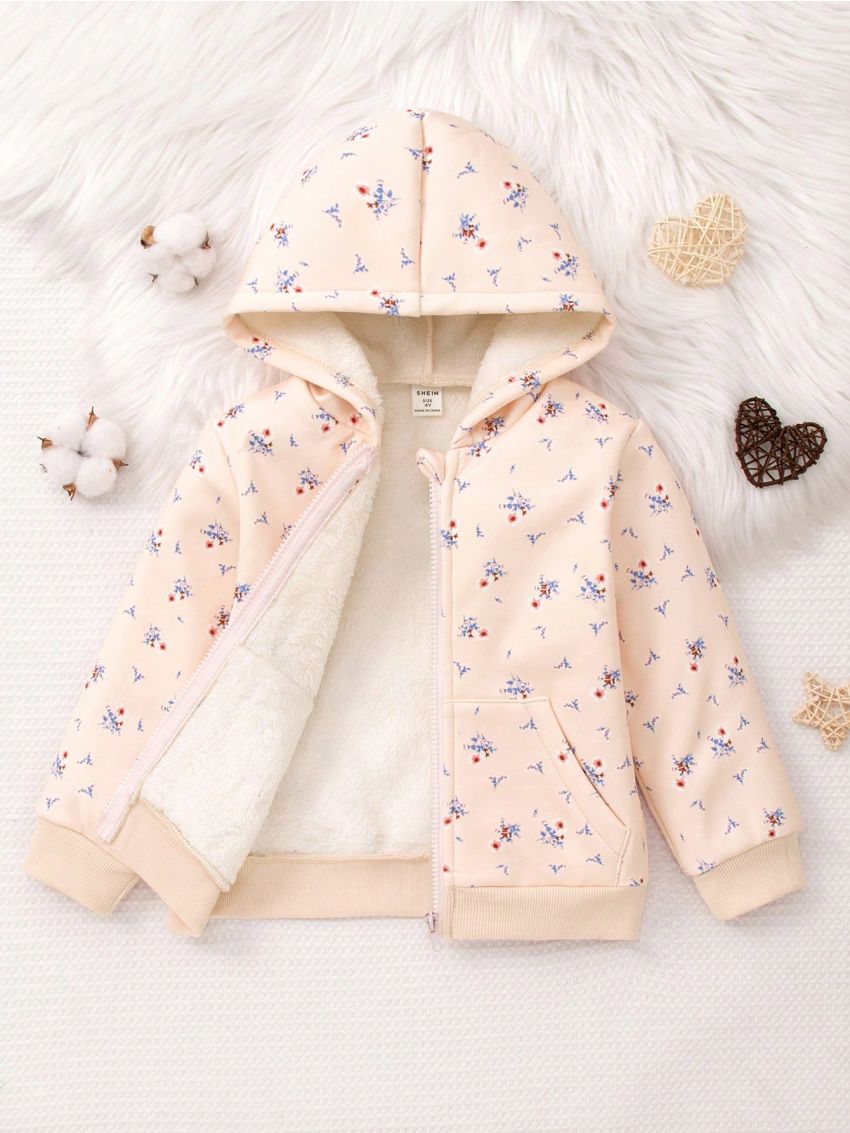 SHEIN Kids EVRYDAY Little Girls' Casual Floral Print Hooded Zip-Up Fleece Sweatshirt