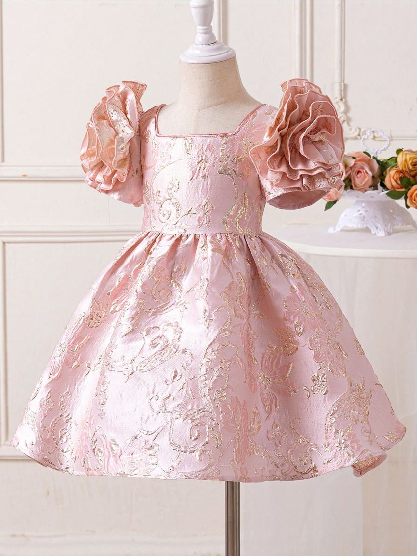 SHEIN Kids CHARMNG Little Girls' Square Neck Dress With 3d Rose Decoration And Jacquard Fabric