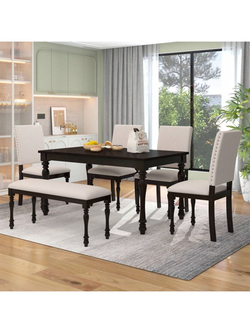 Nestfair 6-Piece Wood Dining Table Set with 4 Upholstered Chairs and Bench