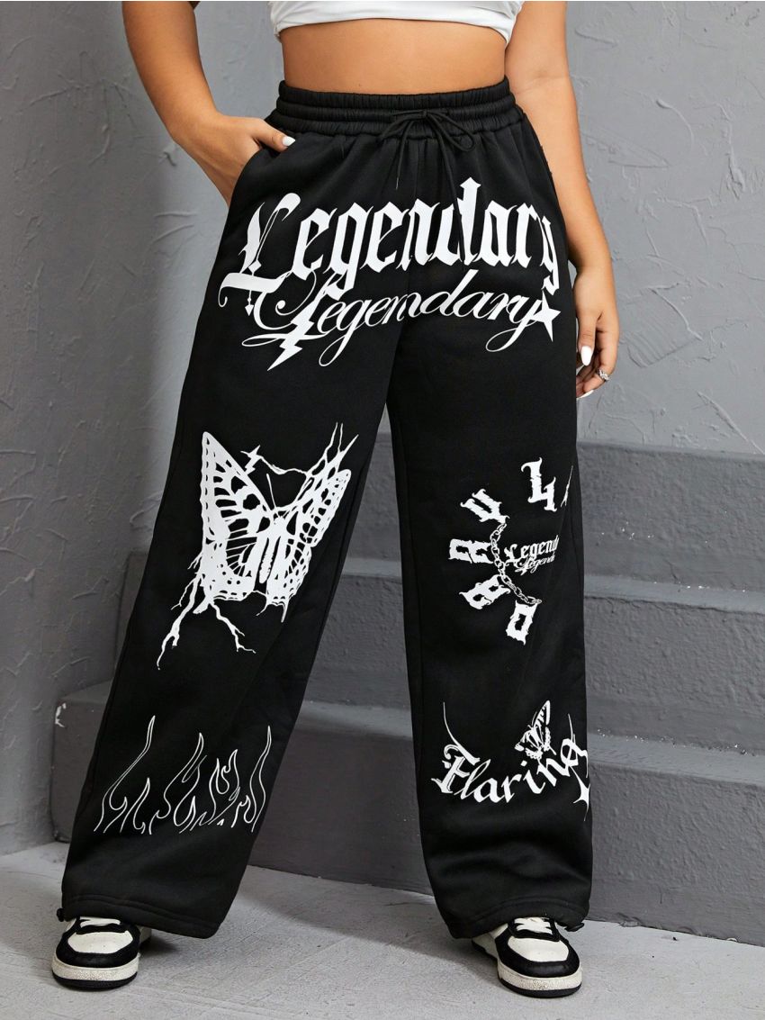 SHEIN Coolane Plus Fire & Letter Graphic Drawstring Waist Sweatpants