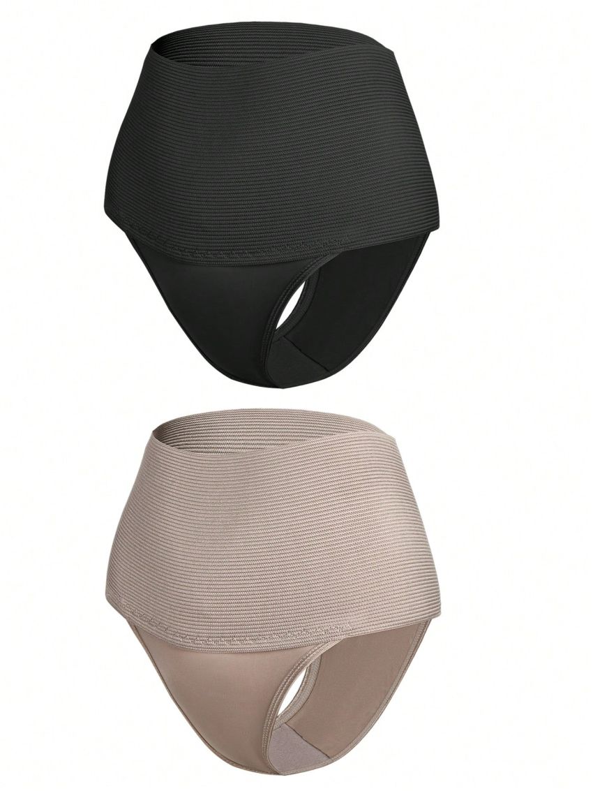 2pcs Women'S Solid Color High Waist Tummy Control Thong Underwear