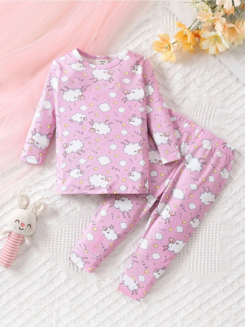 Baby Girls' Sheep Star Print Long Sleeve Top And Pants Tight-Fitting Homewear Set