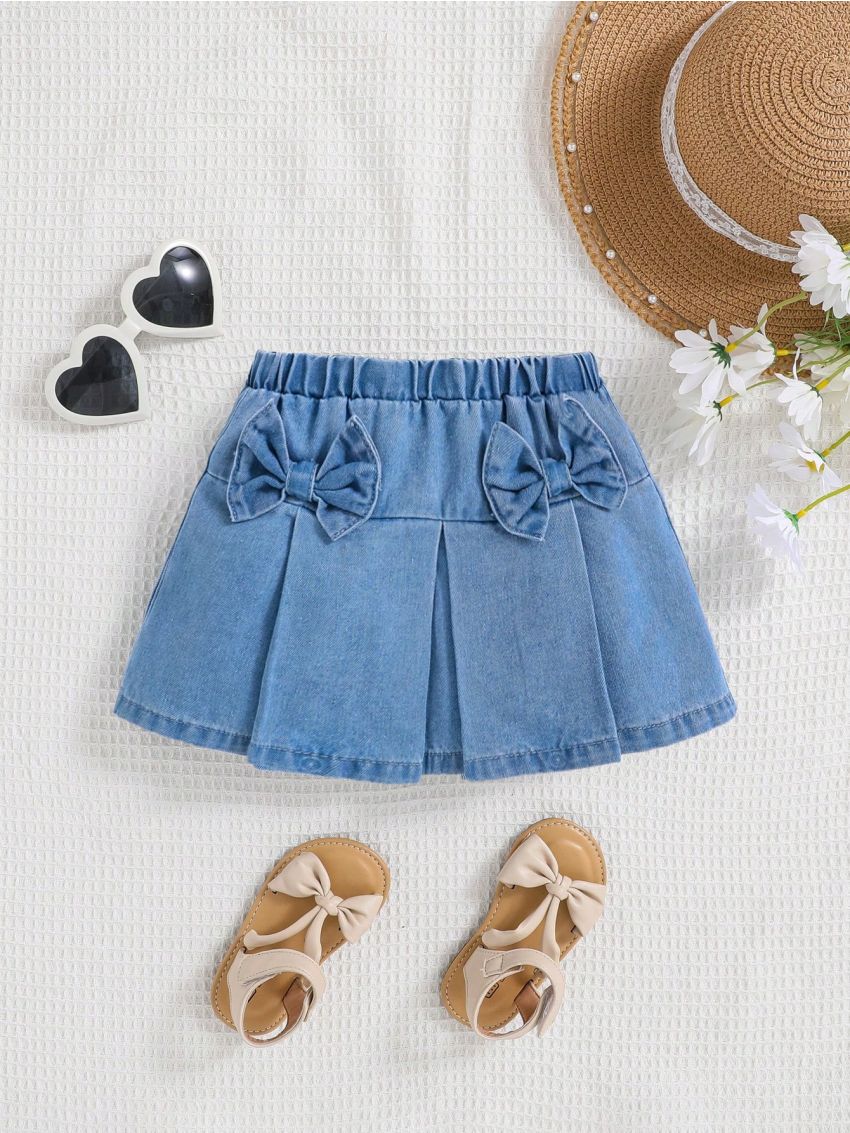 SHEIN Young Girls' Comfortable And Soft Bow Decorated Denim Skirt, Spring/Summer Boho Cute  Skirt