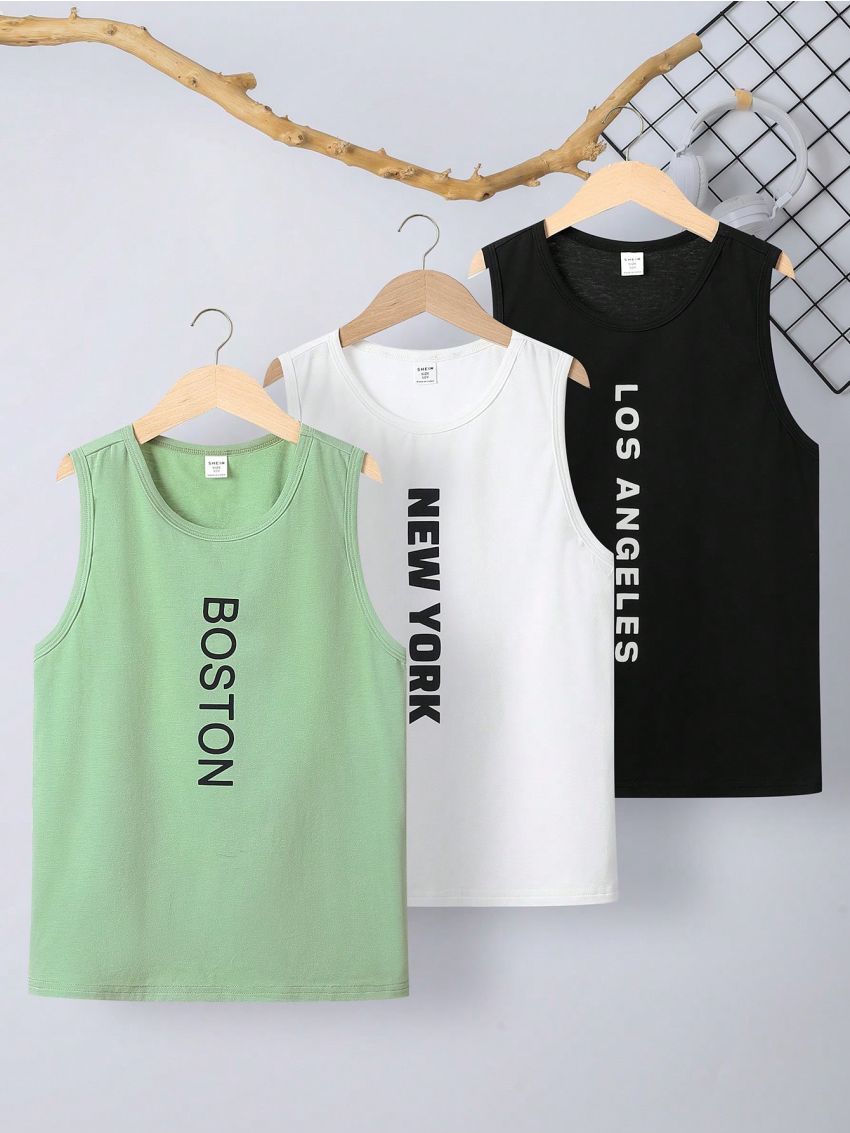 SHEIN Kids EVRYDAY 3pcs Tween Boys' Loose Fit Casual Round Neck Tank Tops With Letter Print