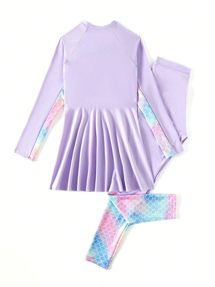 Tween Girls' Mermaid Scale Print Patchwork Swimsuit, 2pcs/Set