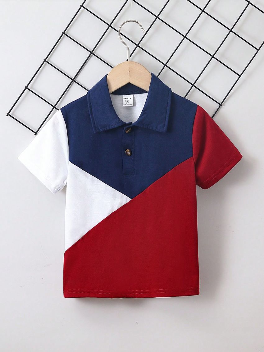 SHEIN Kids SPRTY Boys' Color Block Half Placket Polo Shirt With Buttons
